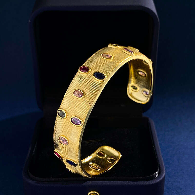 Italian court style brushed open bangle with oval colored dia elegant temperament C-shaped gold-plated bracelet