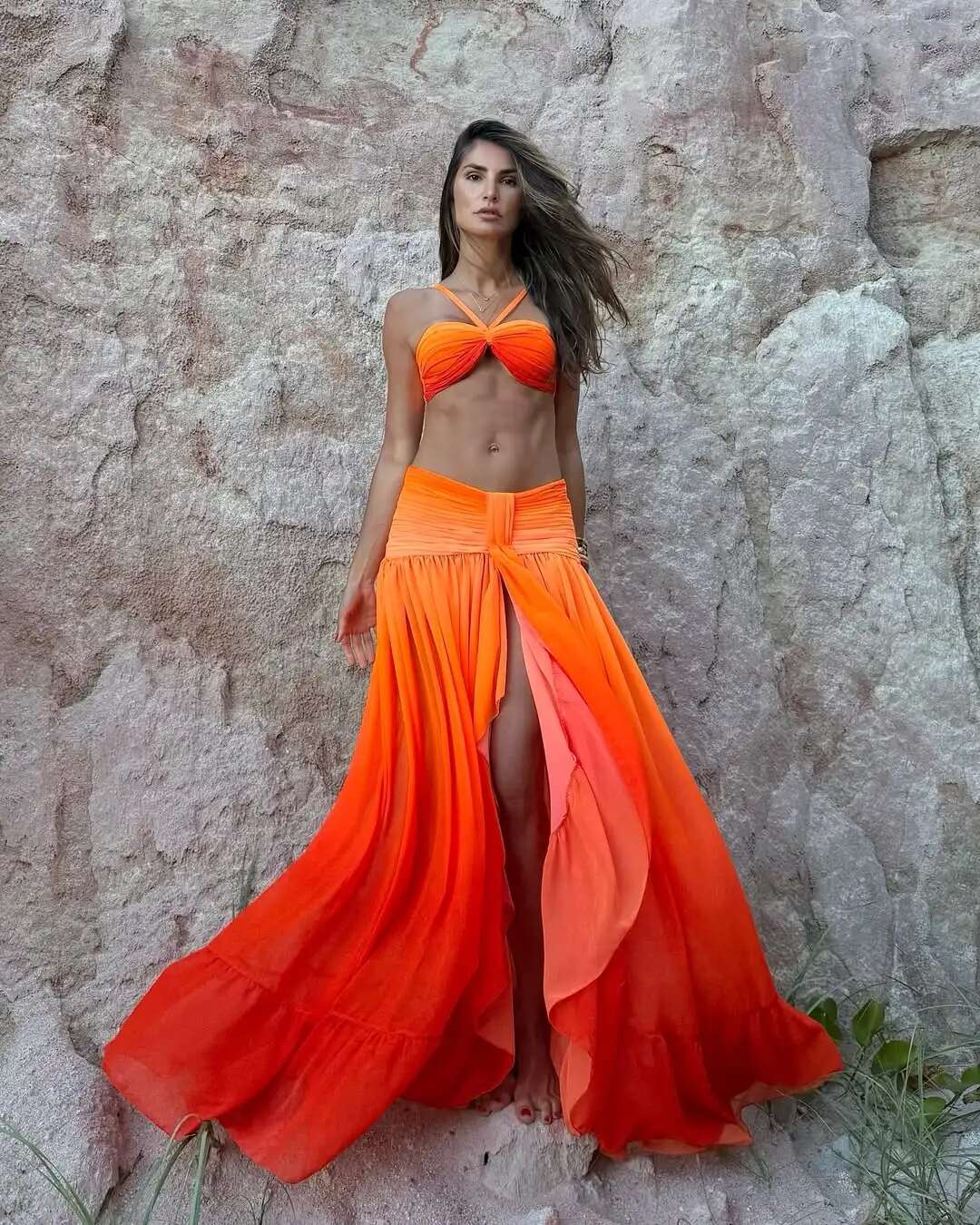 2025 New Gradient 3 Piece Sexy Women Swimsuit Swimwear Female Skirt Bikini Set Thong Biquini Bathing Swimming Suit