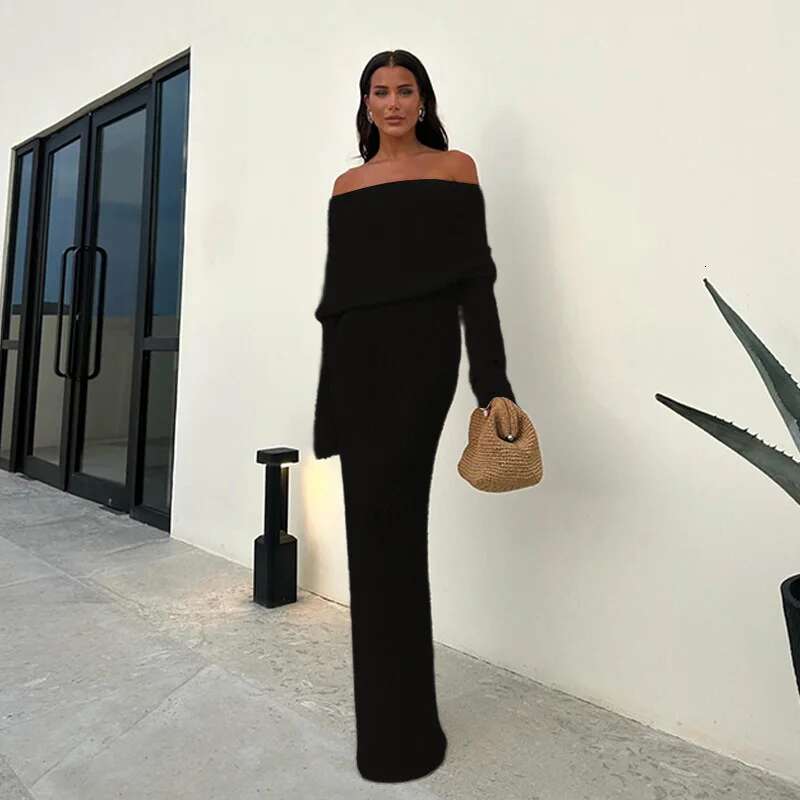 Dongdumaoyi Zomer Nieuwe Dames Off Shoulder Gebreide Jurk Slanke Effen Kleur Lange C