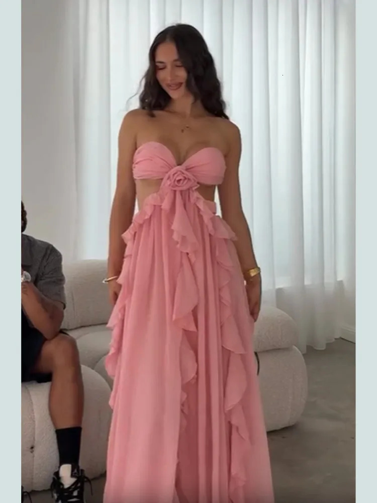 Fashionable womens spring hollow 3D floral pleated hem long skirt elegant shoulder free robe 2025 street party dress 250324