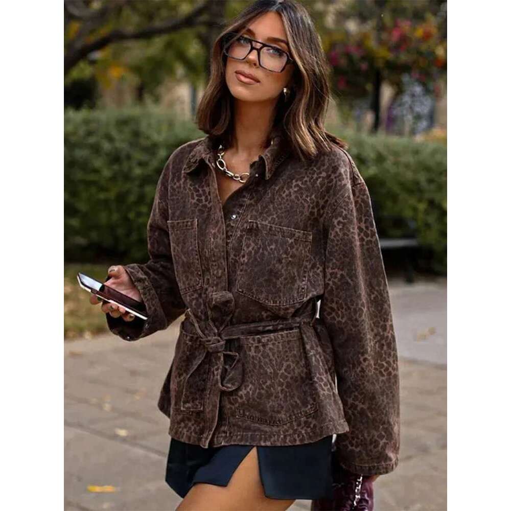 Women's Coat Woman Leopard Print Lapel Lace Up Jacket Casual Long Sleeve Pocket Coats New Autumn Lady High Street Office Outerwears
