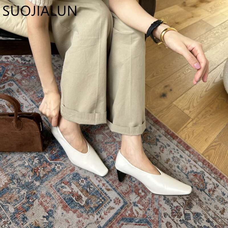 SUOJIALUN Autumn Women Fashion Shallow Slip On Ladies Eelgant Single Shoes Square High Heel Outdoor Dress Pumps