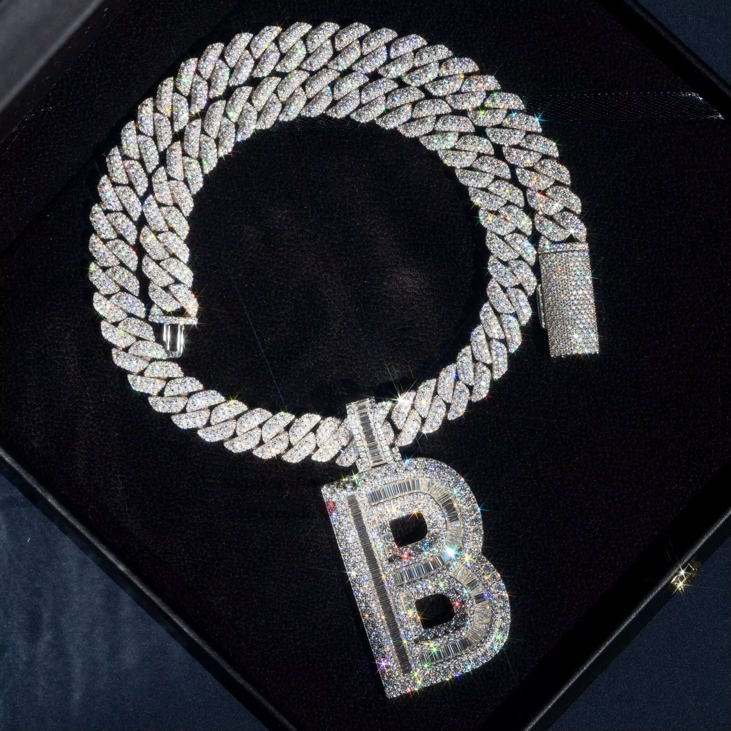 6.5MM Tennis Chain Iced Out VVS Moissanite Sterling Silver 925 White Gold Custom Rapper Letter Pendant Initial