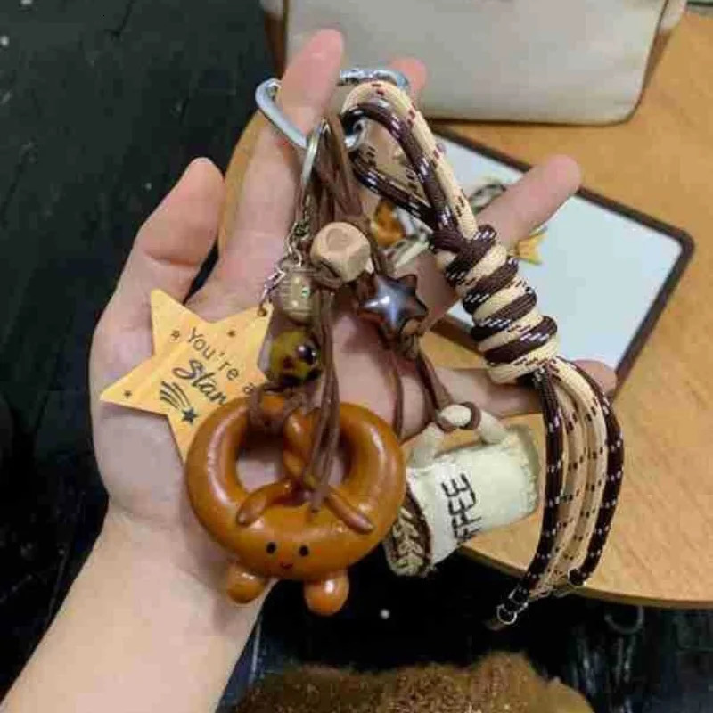 2025 Coffee cup pendant Hand woven rope alkali bread key chain Love backpack decoration 250403bj