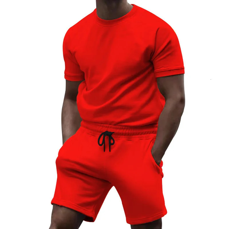Summer mens fitness pure cotton short sleeved sports quick drying fresh solid color comfortable round neck set 250327
