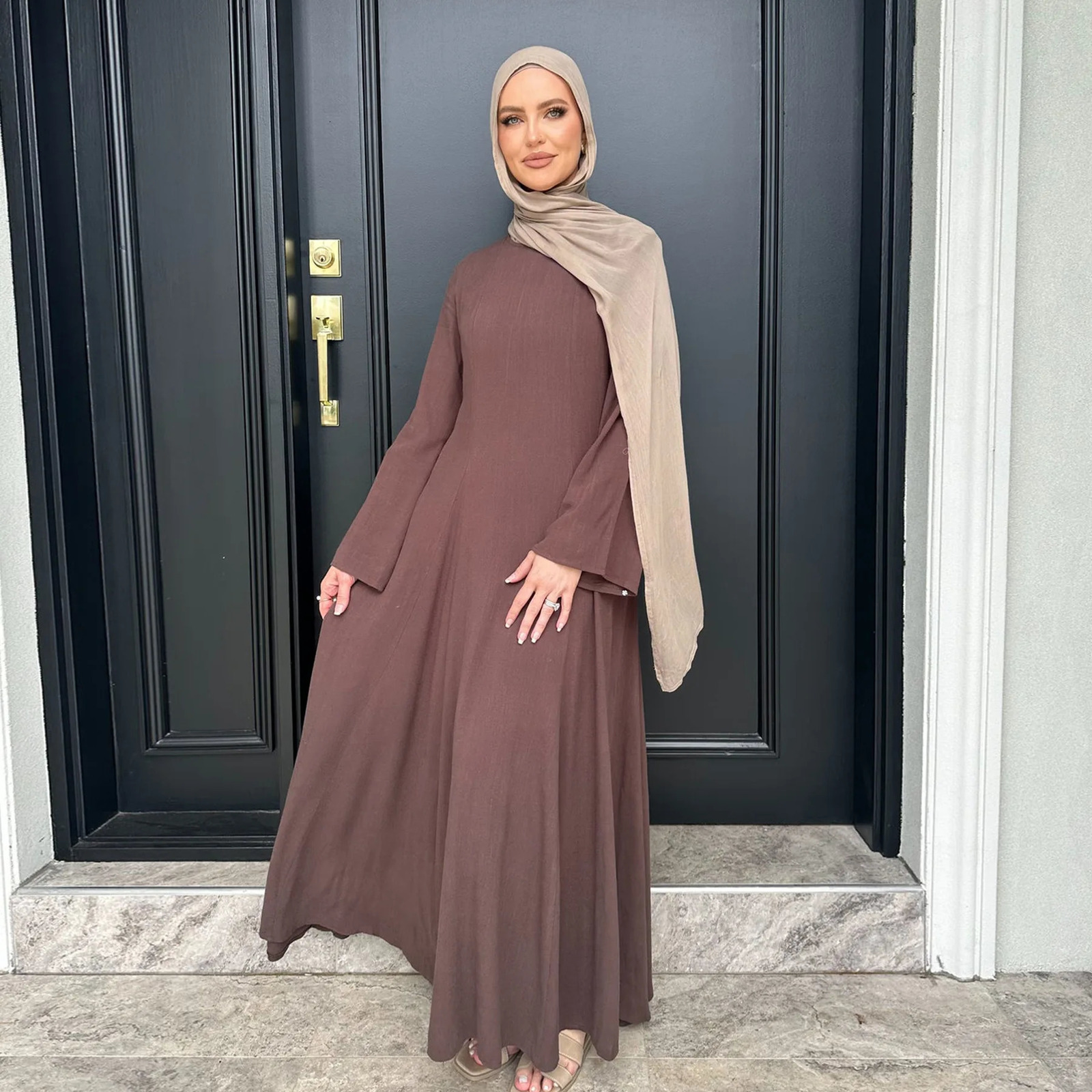 Muslim Womens Wear Dubai Abaya Solid Strap Adjustment Dress Islamic Modest Clothing 250326