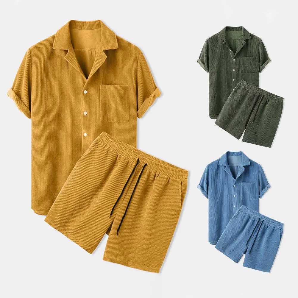 Summer mens Corduroy shorts set fashion collar short sleeved shirt+solid color shorts 2-piece set mens casual suit sportswearXJ250326