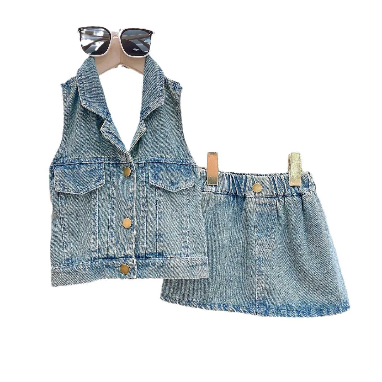 Summer New Girl Denim Set European and American Fashion Pendant Collar V-neck Sleeveless+Denim Short Dress SetT250327