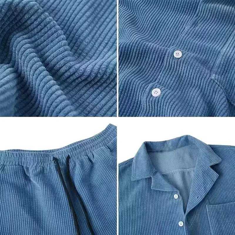 Spring and summer new solid mens Corduroy set short sleeved button up shirt and two-piece casual luxury set streetwearXJ250326