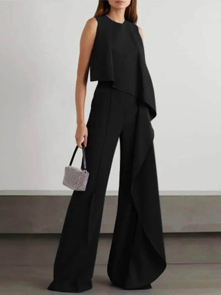 Spring Womens Plain Elegant Office Solid Color Loose Ruffle Single Shoulder Split Bottom Wide Leg jumpsuit 250326