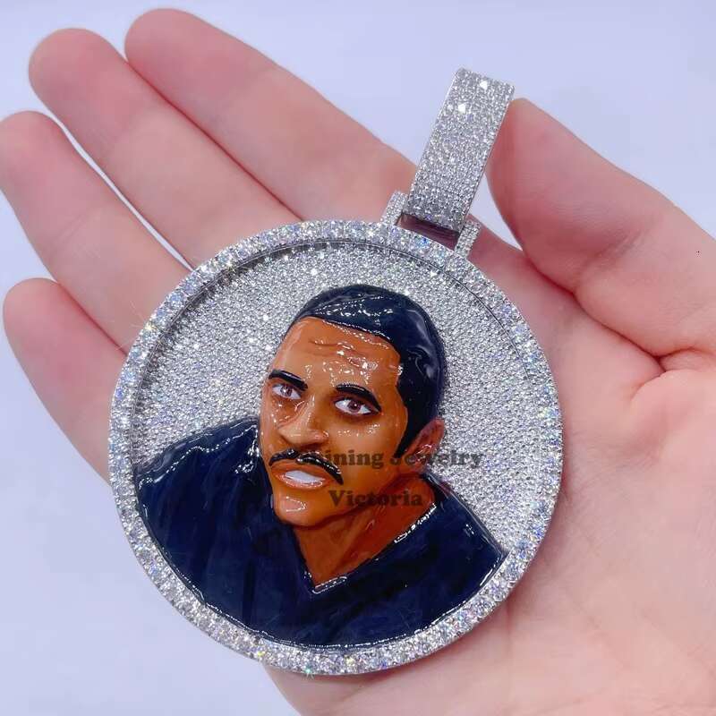 Hip Hop Iced Out VVS Moissanite Diamond Custom Portrait Enamel Pendant Charm
