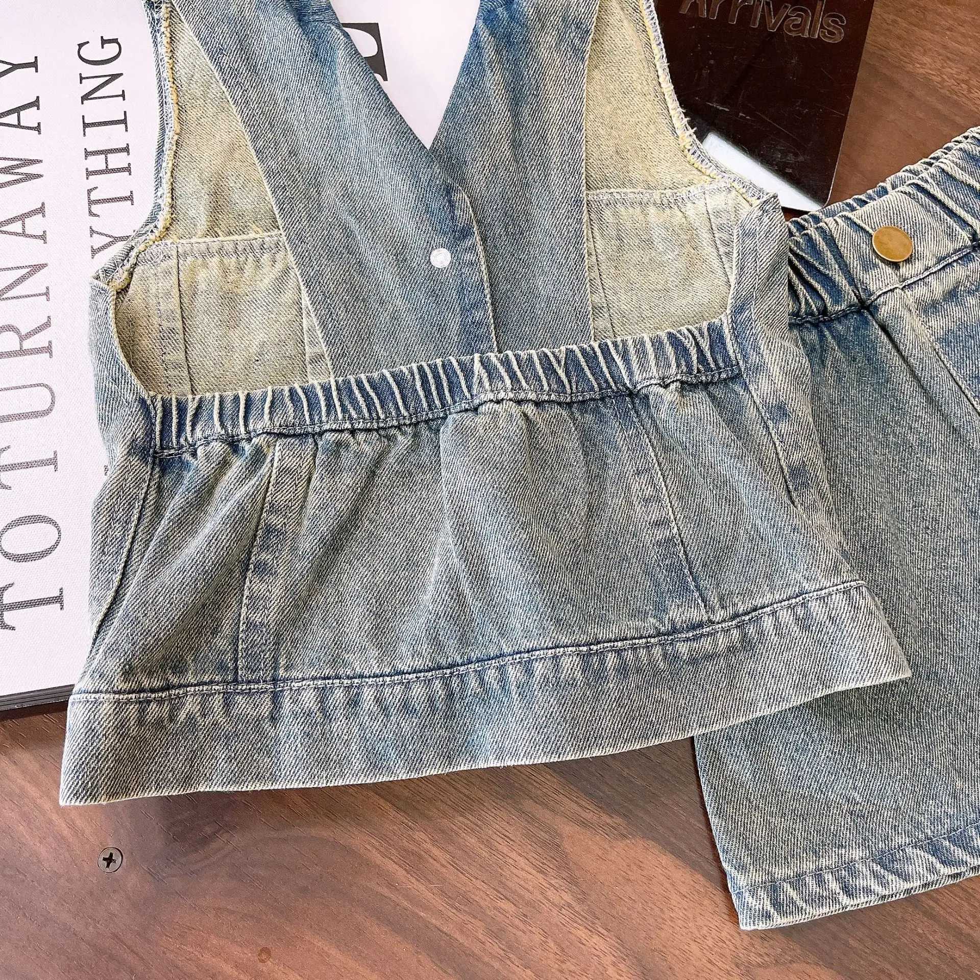 Summer New Girl Denim Set European and American Fashion Pendant Collar V-neck Sleeveless+Denim Short Dress SetT250327