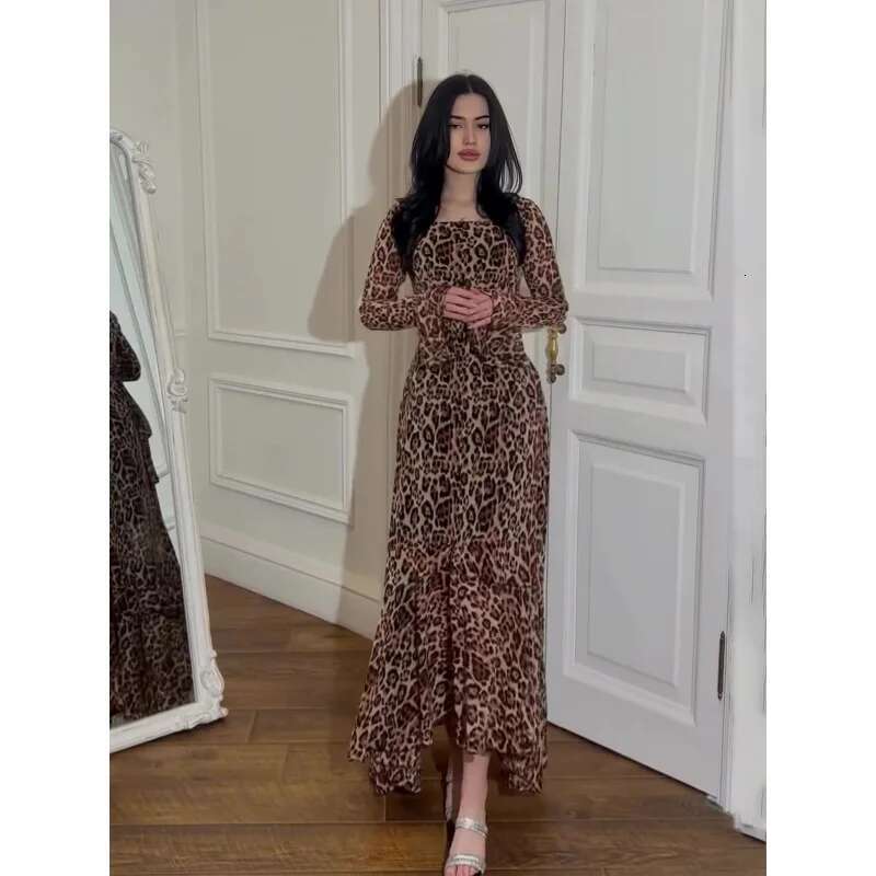 Dongdumaoyi Spring New Chiffon Leopard Print Lotus Leaf Sleeve Temperament Long Stitching Irregular Dress A