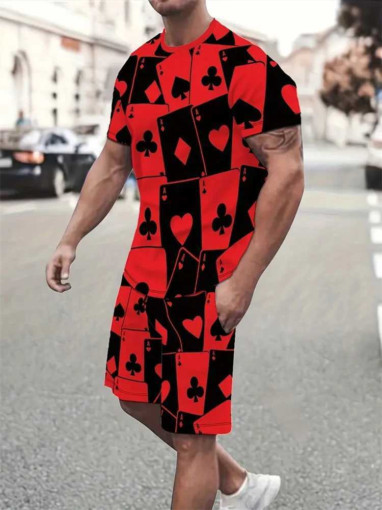 2024 Mens New Poker Printing Short-Sleeve Shorts Set Summer Casual All-Match Round Neck T-Shirt Top Large Size Drawstring ShortsXJ250326