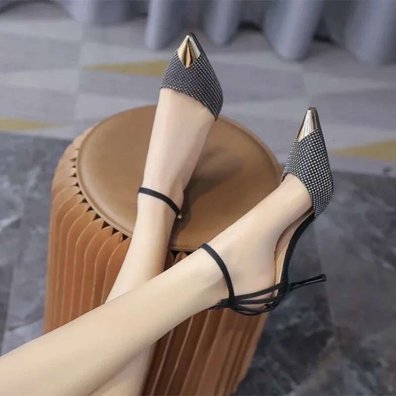 Sandals Metal Pointed Toe Black Thin High Heels for Ladies Trend Slope Heel Shoes Office Outdoor and Indoor Pumps