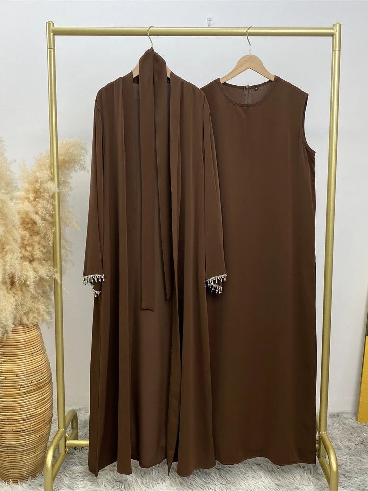 Muslim Abaya Womens 2pieceS etf orE ida lF itrf eaturingd iamondsa ndk imonoOp enco llarop 250326
