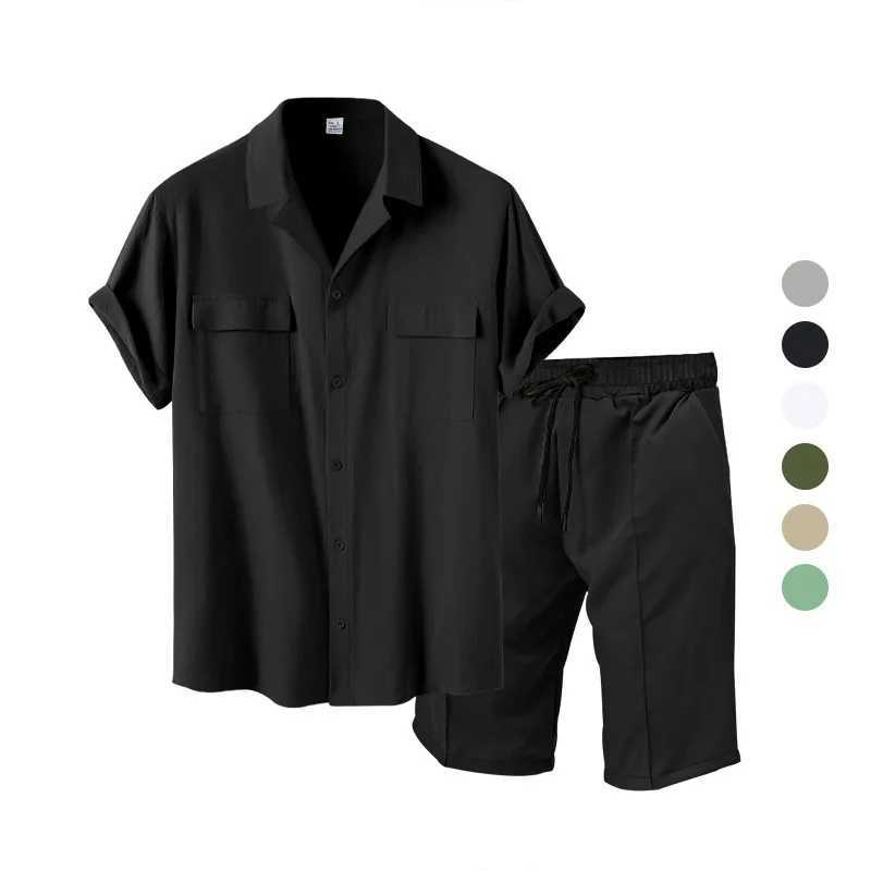 Casual and fashionable mens summer beach style solid color mens short sleeved and two-piece mens clothingXJ250326