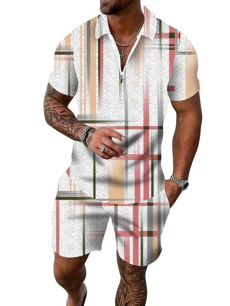 Zipper polo shirt set summer fashion casual mens sports set 3D printed simple style flip collar zipper polo shirt 2 setsXJ250326