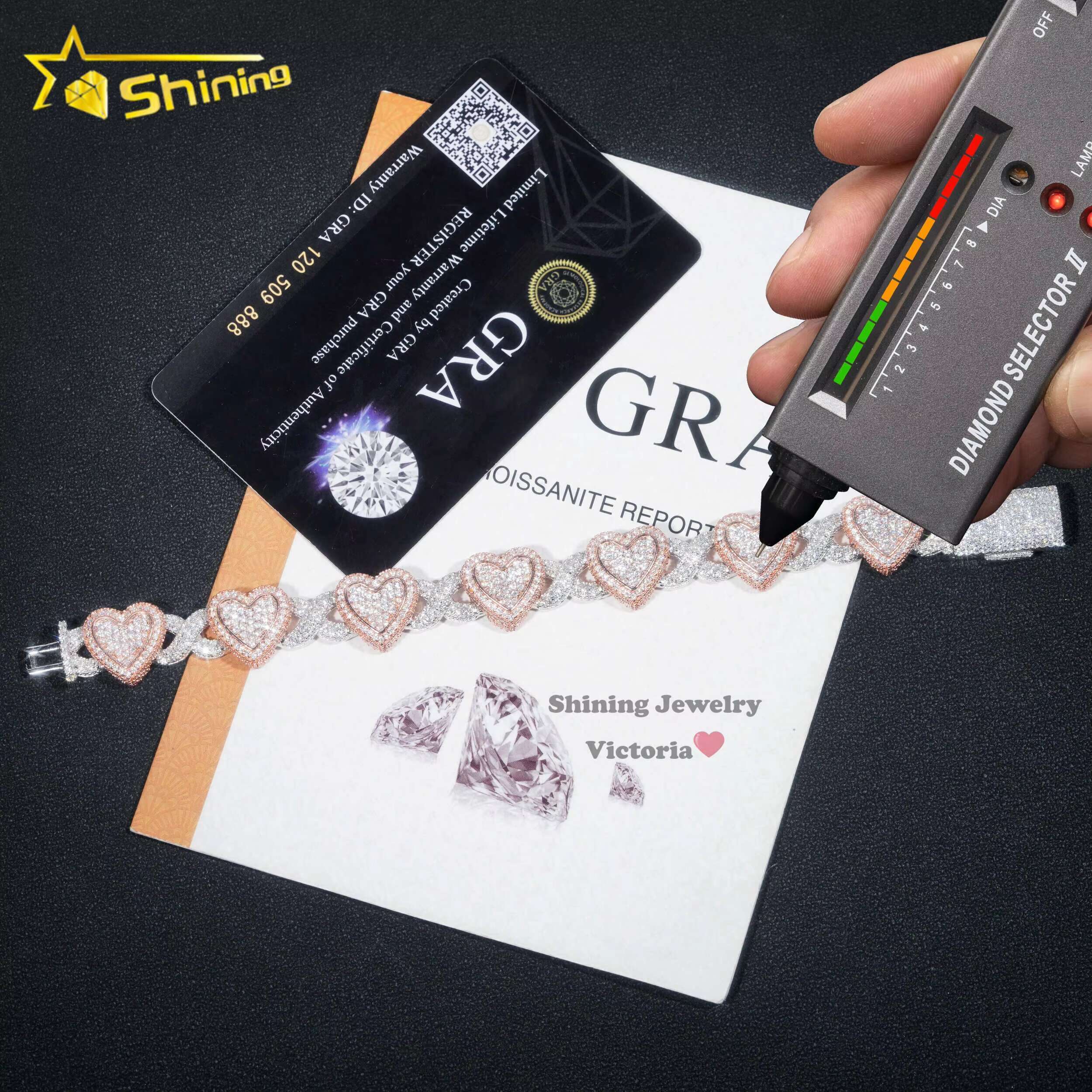 New Design 13mm Luxury 925 Sterling Silver Two Stone Rose Gold Iced Out Hip Hop Jewelry VVS Moissanita Diamond Heart Bracelet