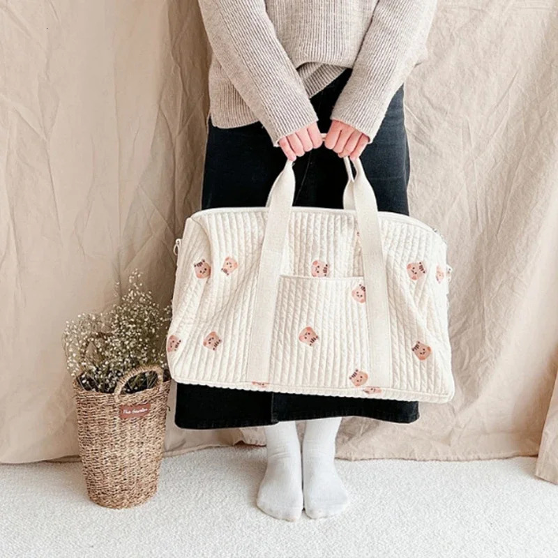 Little Bear Embroidered Handheld Shoulder Bag Cute Cartoon Large Capacity Mother Baby Parent Child Single Shoulder Bag Mommy Bag 250326