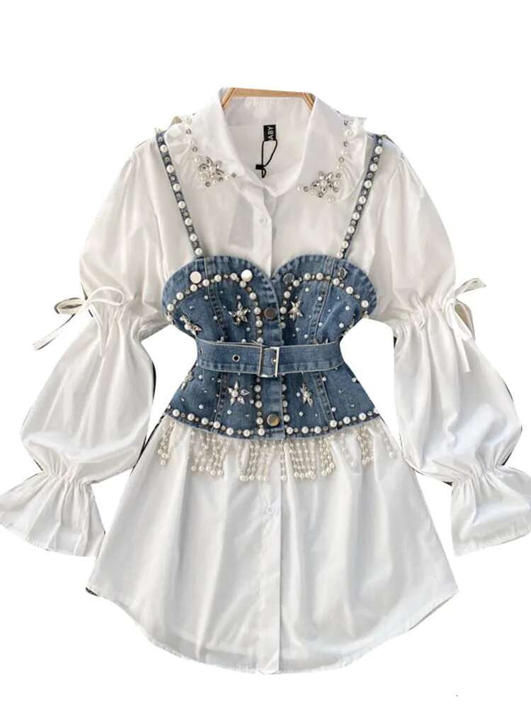 hoodie Spring Autumn New Blouse Women's Dia Beaded Puff Sleeve Blusa Top Tassel Pearl Sg Waistcoat Two-Piece Stacking Shirt C813 jacket
