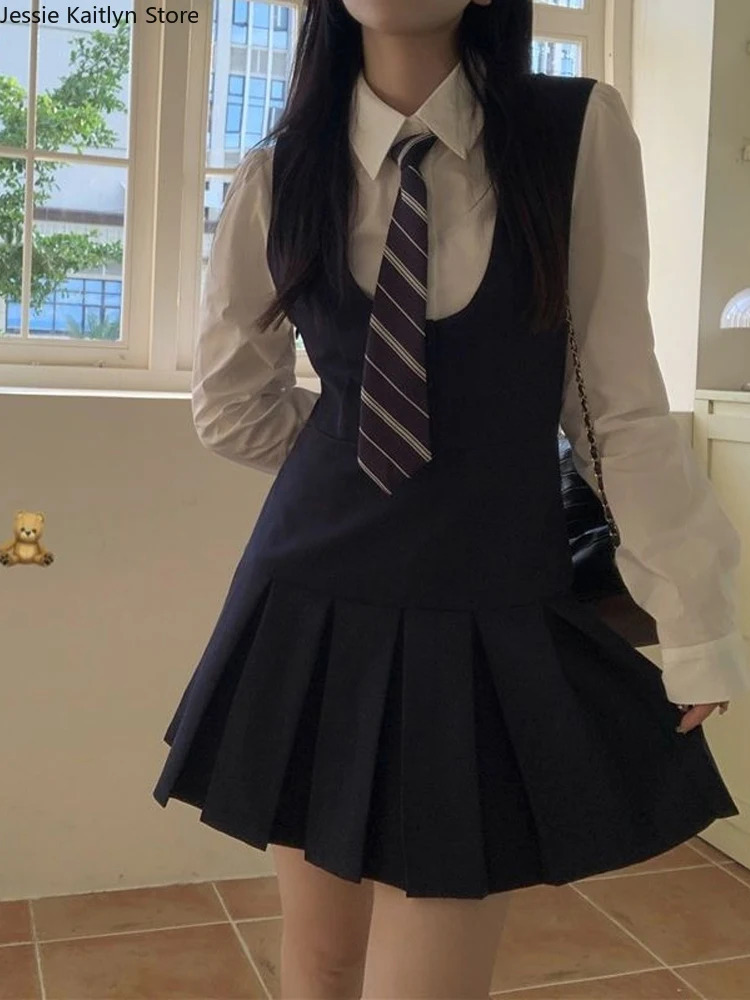 Japanese Kawaii School Student Uniform Womens Cute Girl JK Role Playing Autumn White Shirt and Wrinkle Anti Slip Dress Set 250326