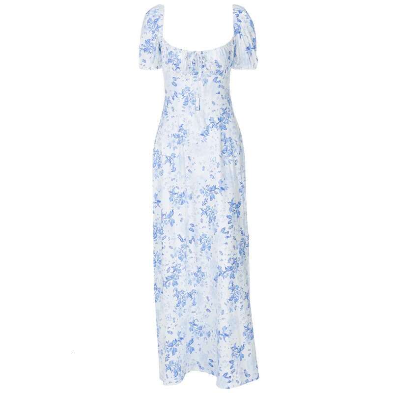 Dongdumaoyi Nieuwe Lente Sexy Vierkante Hals Pofmouwen Bloemen Tie Taille Jurk C