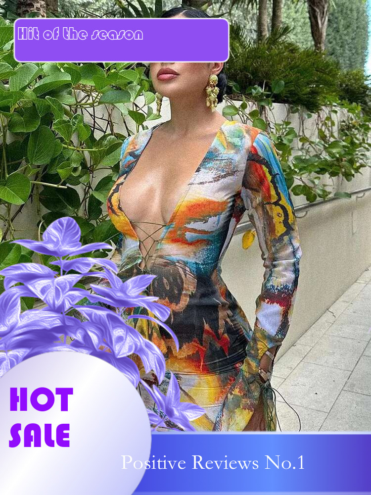 Dongdumaoyi Fashion Print Nieuwe Sexy Diepe V Patchwork Ruche Tie Back Manchet Bodycon Lange Mouwen Jurk C