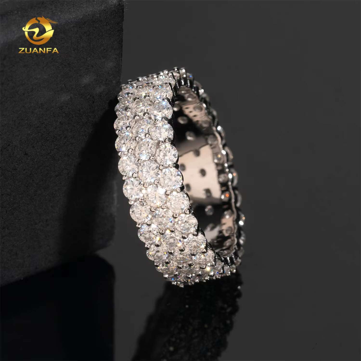 3rows Round Moissanite Band Ring 925 Silver Gold Plated Luxury Hip Hop Style Mens Rings
