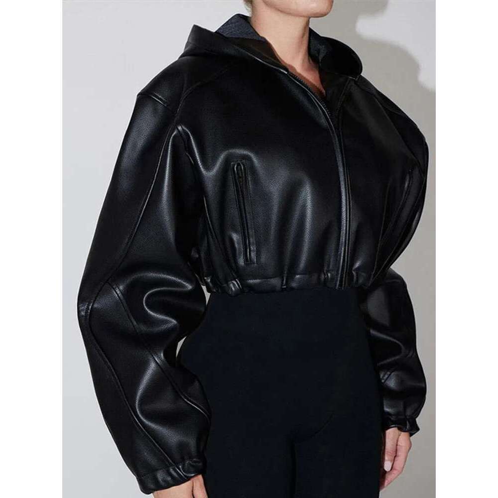 Women's Coat Women's Pu Leather Crop Hoodie Jackets Street Long Sleeve Zipper Black Outerwears Autumn New Fashion Bomber Jacket Coats