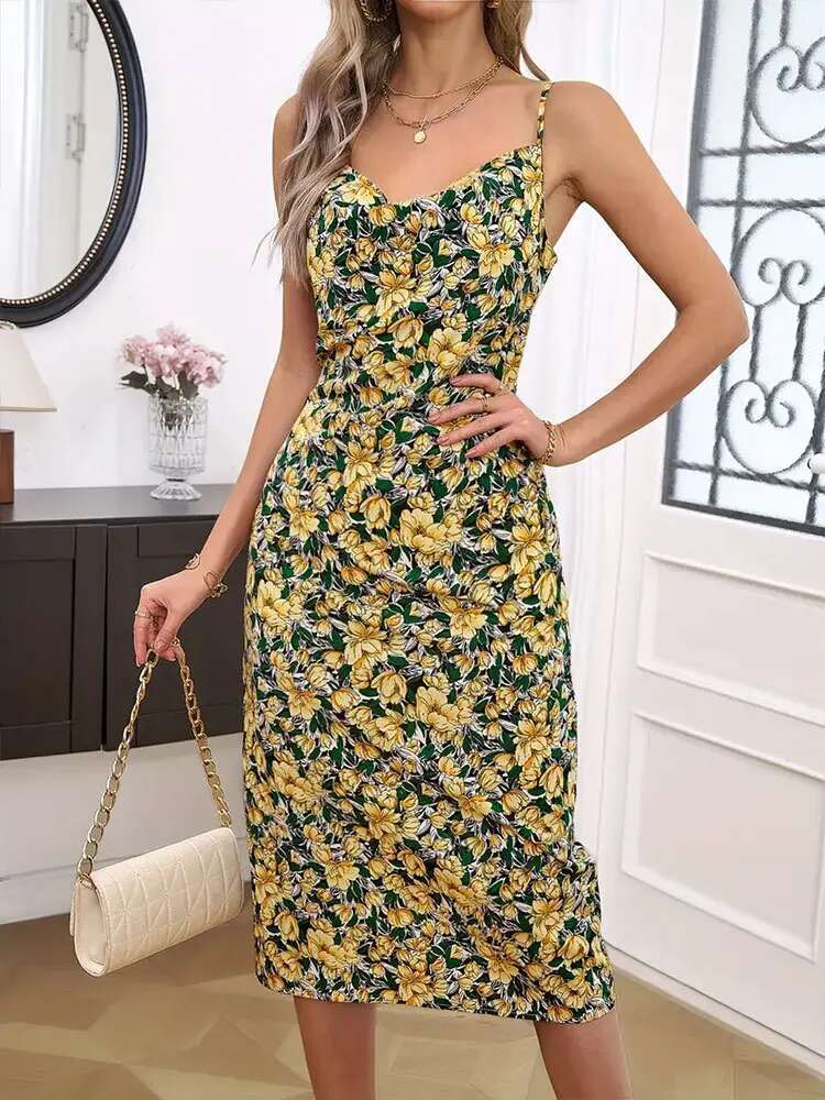 Dongdumaoyi Zomer Nieuwe Collectie Elegante Gedrapeerde Kraag Bloemenprint Mouwloze Maxi Jurk Stijl A
