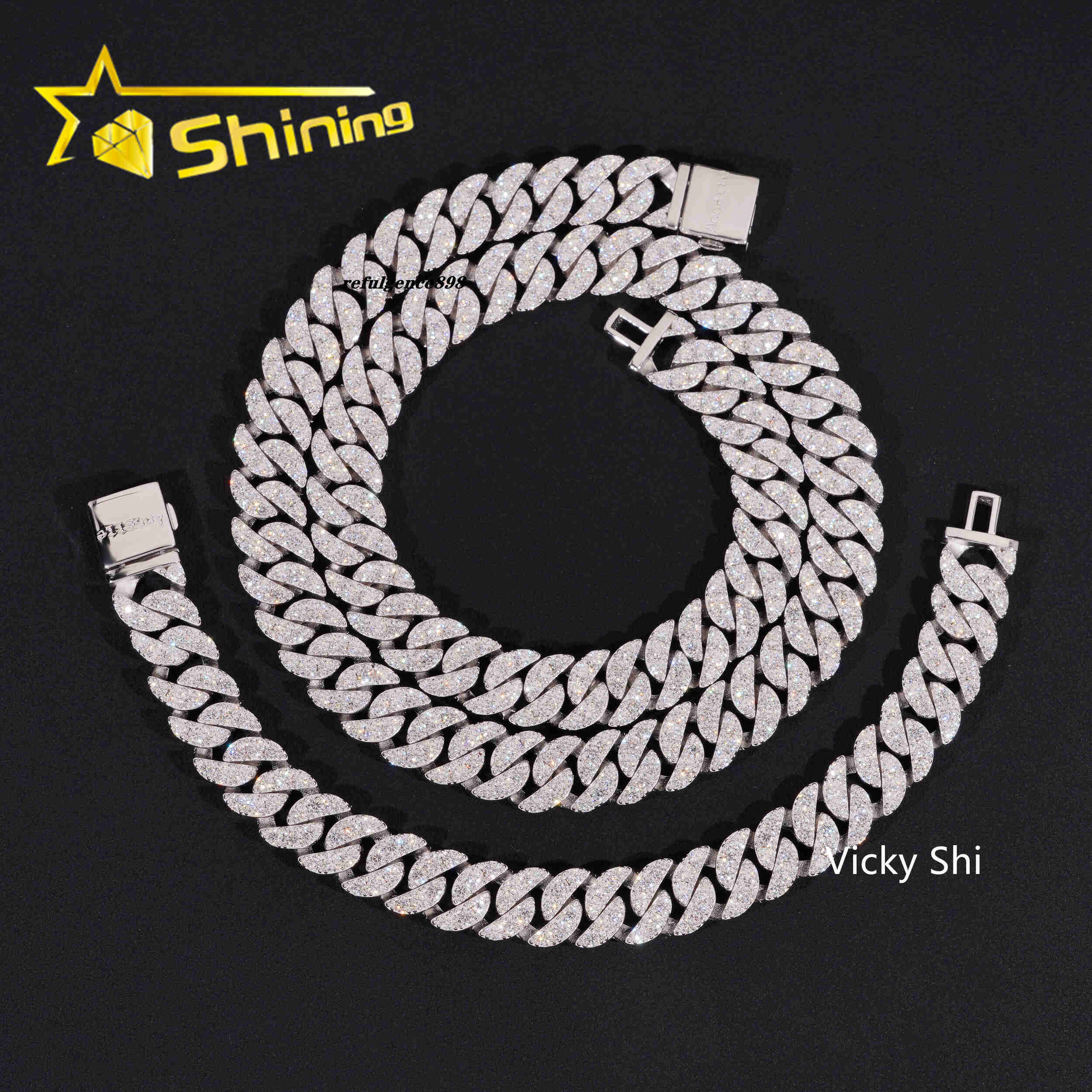Rapper Hip Hop Jewelry Iced Out Moissanite Necklace 925 Sterling Silver 12MM Width Moon Shape VVS Moissanite Cuban Link