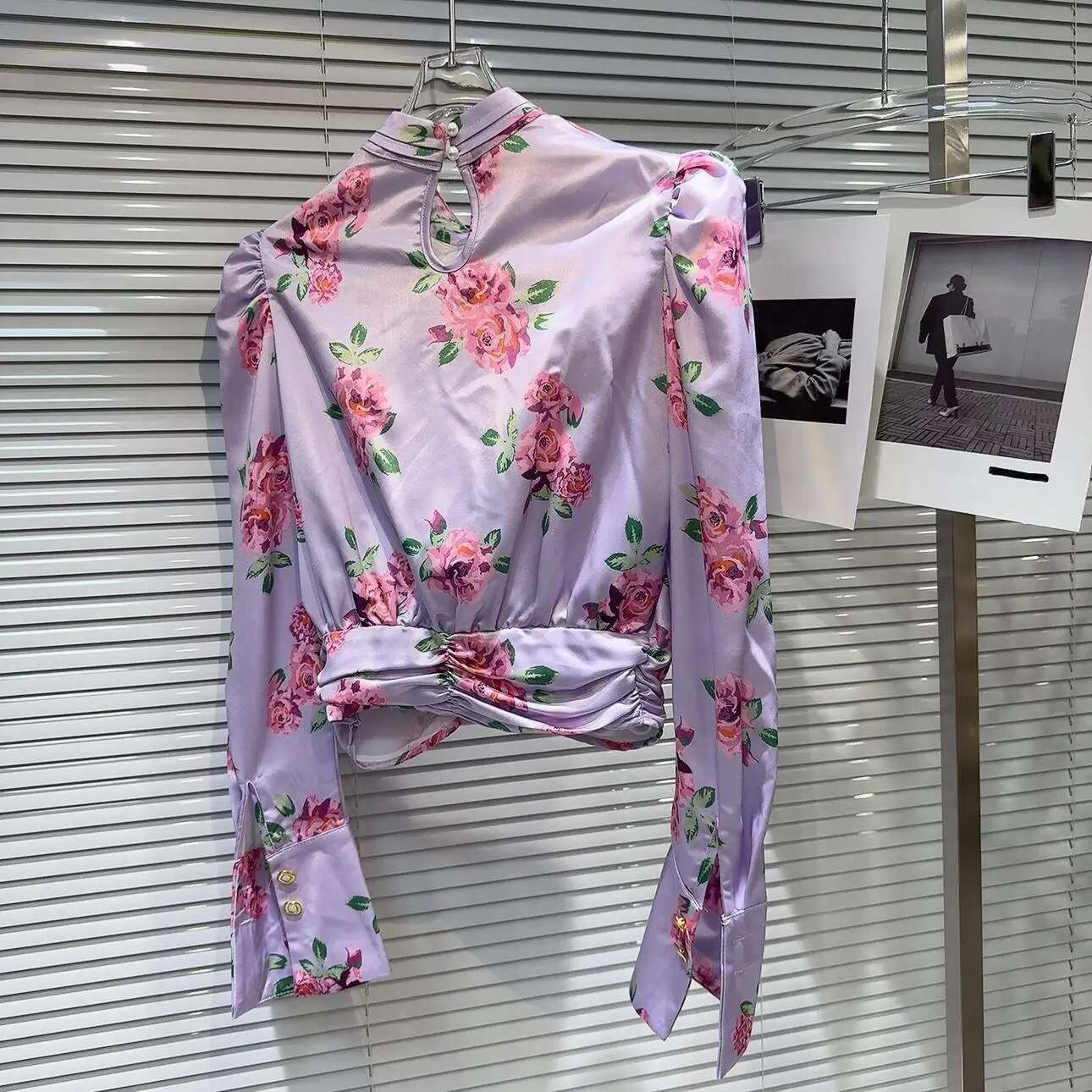 hoodie Autumn New Arrival Fluffy Sleeve Bow Ruffled Collar Purple Ral Print Blouse Women jacket