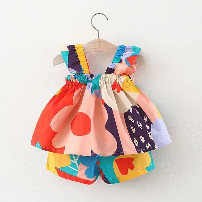 Summer baby girl clothing set hanging top color matching floral vest+childrens casual pants childrens clothing setT250327