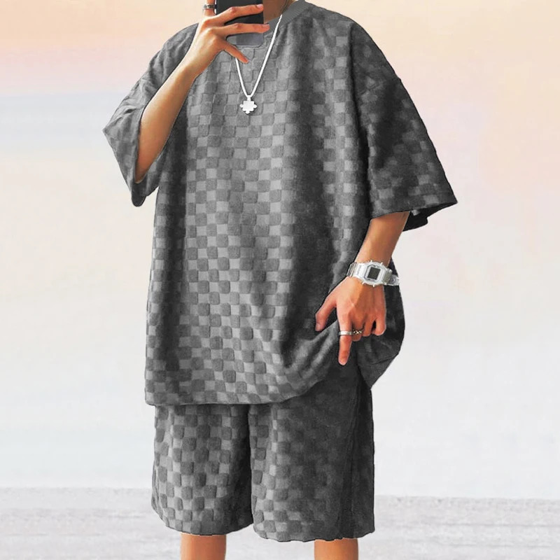 2025 Cross border Mens Summer Jacquard Plain Short sleeved Tshirt Loose Large Straight Leg Casual Shorts Set 250326