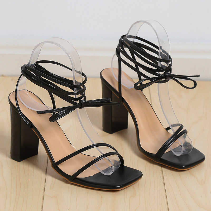 Summer Large Womens Shoes Sexy Square Head Strap Thin Heels Cross Strap Sandals for Women