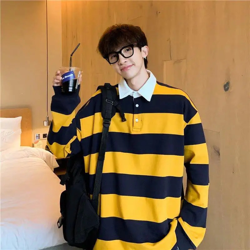 Mens highquality collar mens shirt polo top with sports striped white streetwear Y2k Xl 250326