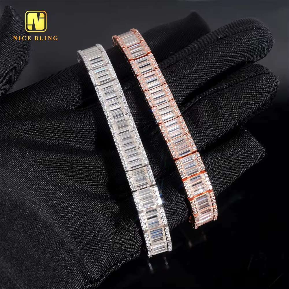 Luxury Hip Hop Unisex Jewelry Baguette Custom Iced Out Diamond Cuban Link Chain 925 Silver VVS Moissanite Bracelet Bangle