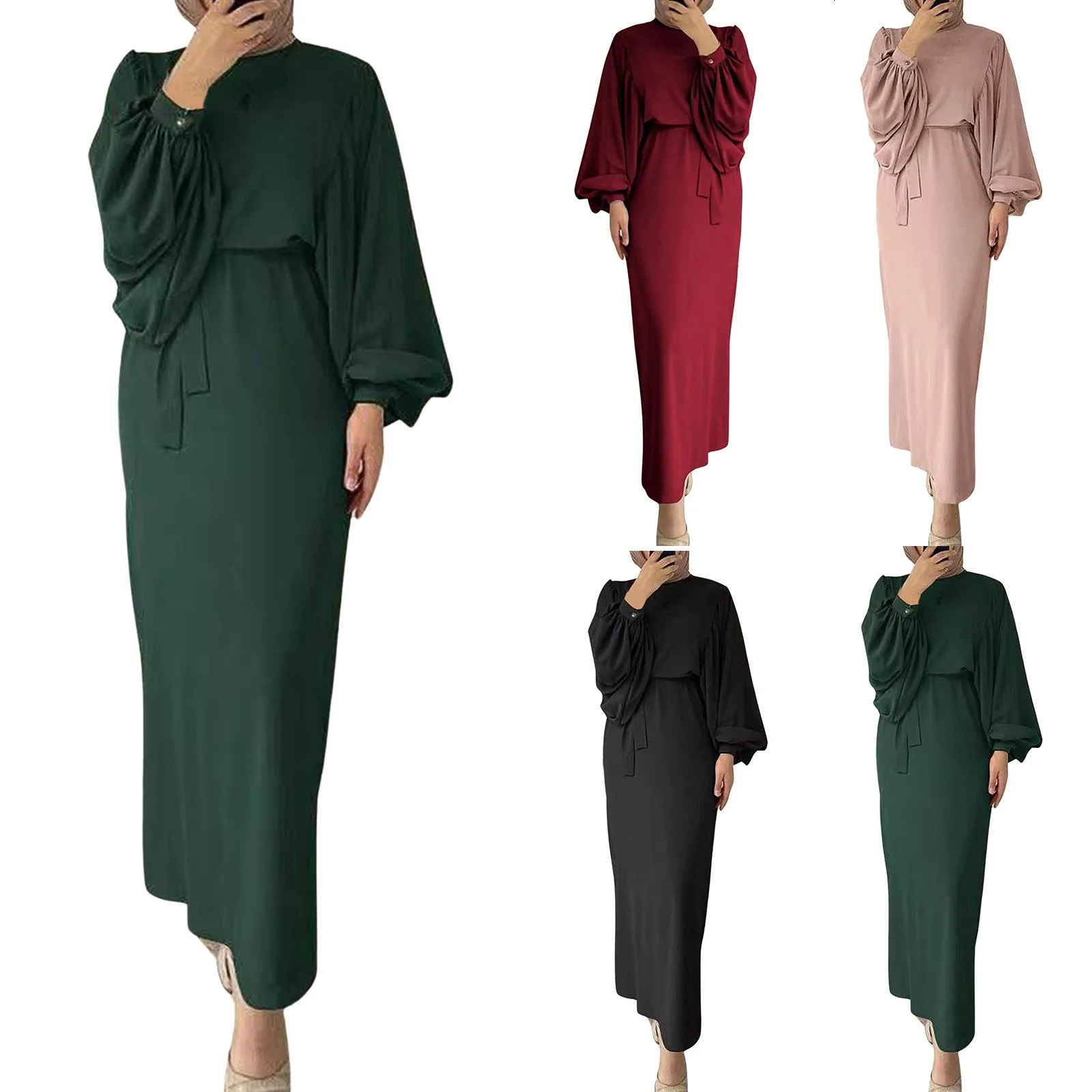 Womens Muslim Digital Elegant Long Sleeve Casual Dress Solid Color Robe with S4XL Belt 250326