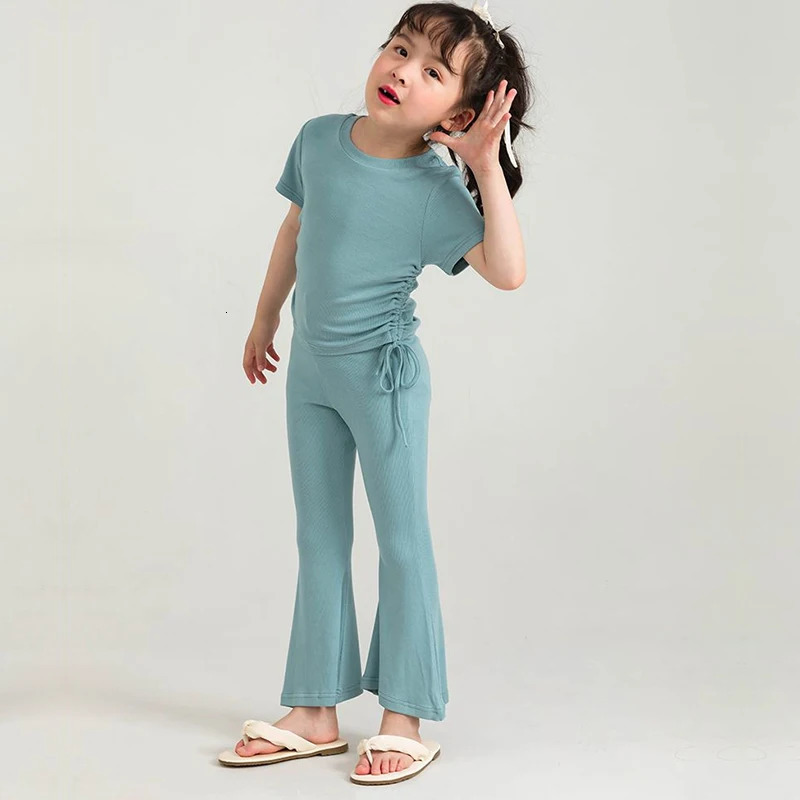 2Pieces Summer Kids Girls Solid Ribbed Outfits Toddler Soft T-shirt Top Elastic Waist Bell Bottoms Flare Leg Pants Clothes Set 250326