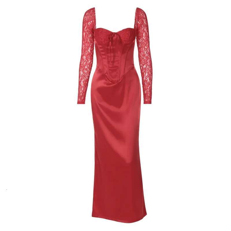 Dongdumaoyi Lente Nieuwe Elegante Slim Fit Bustier Tie Taille Patchwork Kant Lange Mouwen Bodycon Vrouwen Jurk C