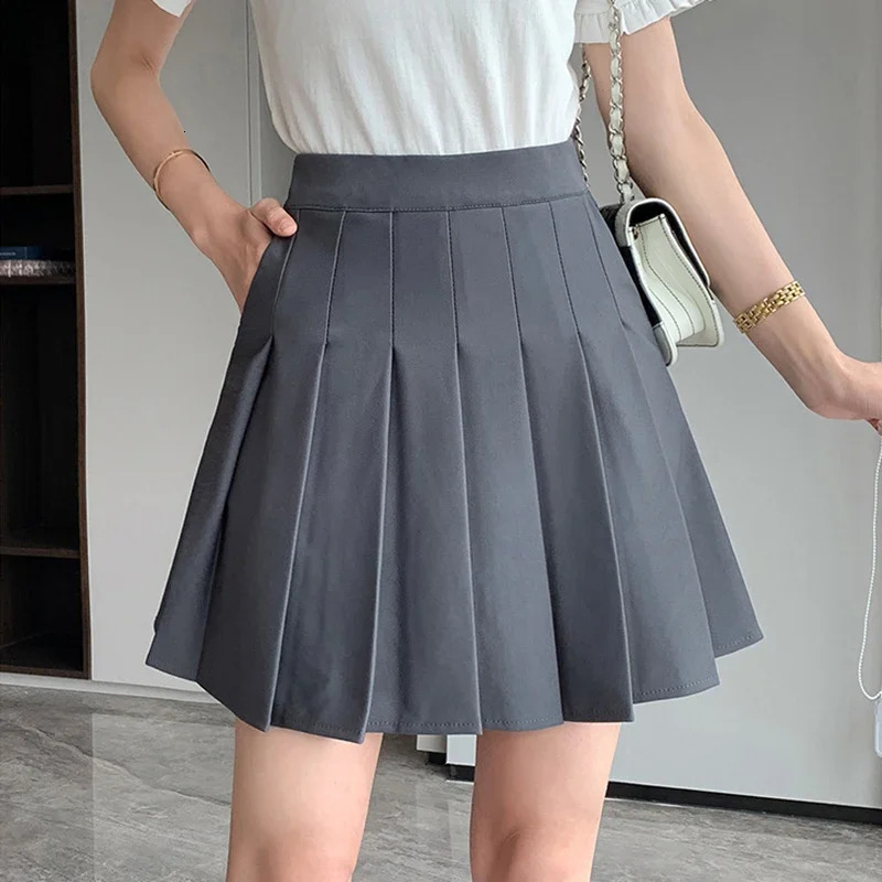 Rimocy Korean Elastic High Waist Folded Leather Womens Black Grey Short Line ALine Summer Jk Uniform Mini Skirt 250326