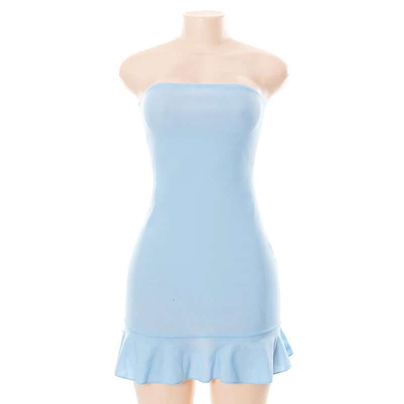 Women Tender Slight Soft CUTENOVA Blue Strapless Wrap Hipster Mini Pleated Dress Pullover Sexy Charm Outfits Girls Dating Wear