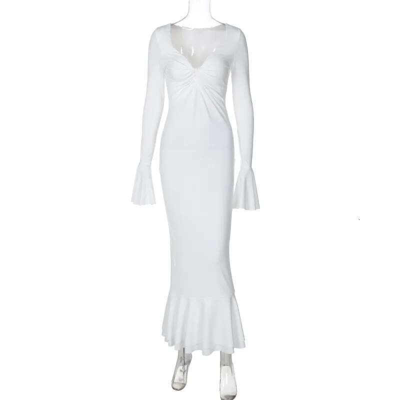 Dongdumaoyi Diepe V Klokmouwen Taille Kalkende Bodycon Geplooide Pure Sexy Desire Lange Jurk C
