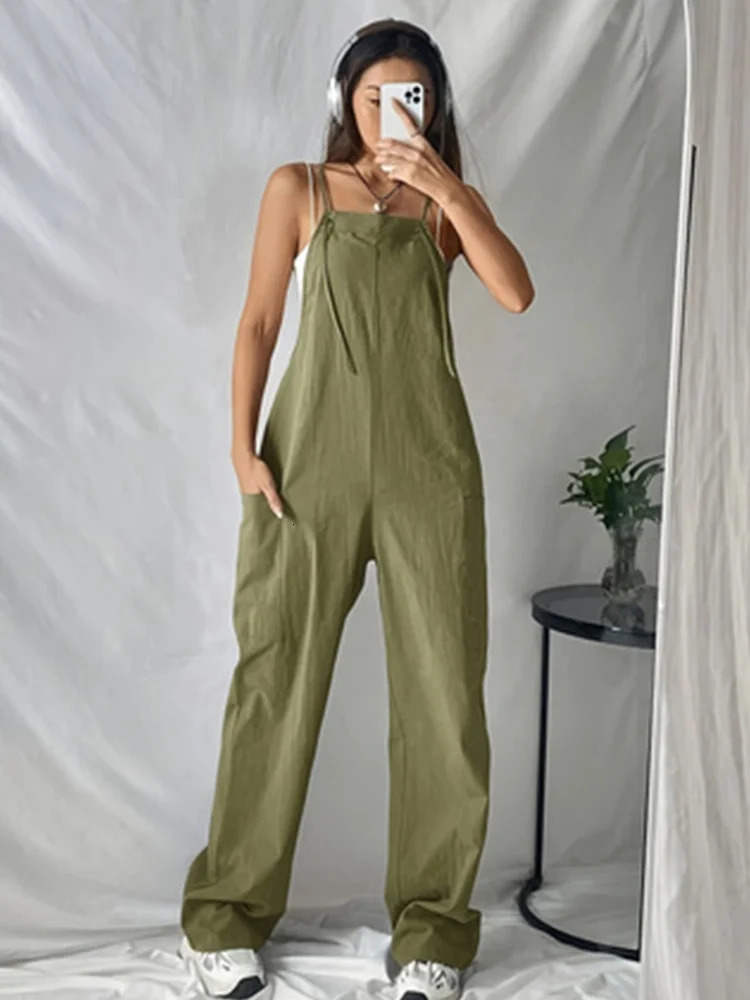 Womens casual minimalist hanging jumpsuit wide leg summer trend with pockets fashion in 250326
