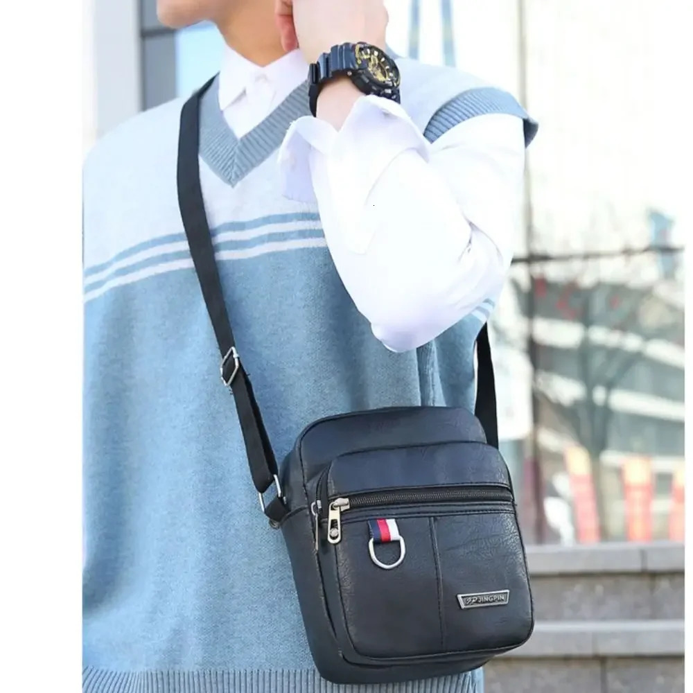 PU leather mens casual large capacity waterproof handbag brown black shoulder messenger bag 250326