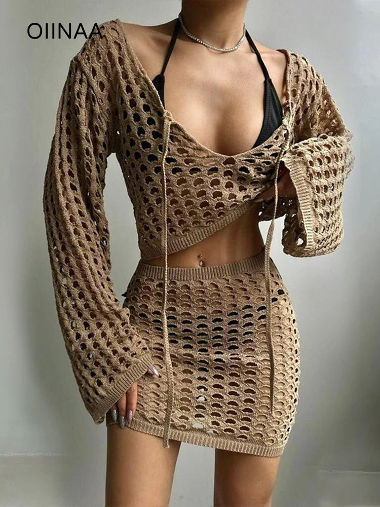 OIINAA Hollow Bikini Cover Womens Beach Hat Ups Split Long Sleeve Beach Skiing Summer Fashion Elegant Womens Beach Wear 250324