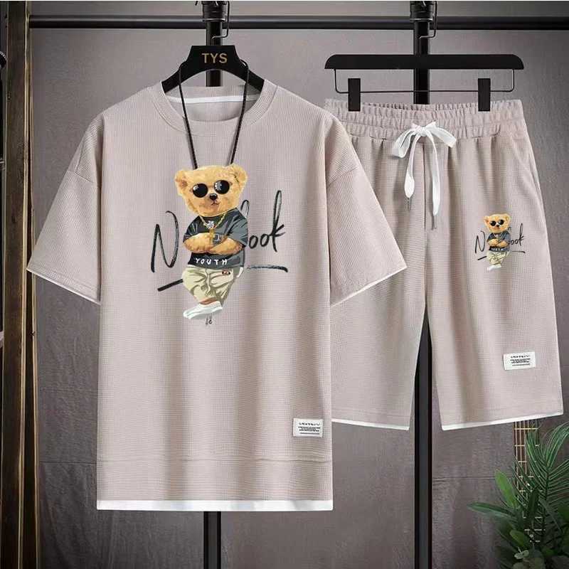 Fashion mens sportswear summer Harajuku casual short sleeved O-neck T-shirt and sports shorts 3D bear print 2-piece setXJ250326