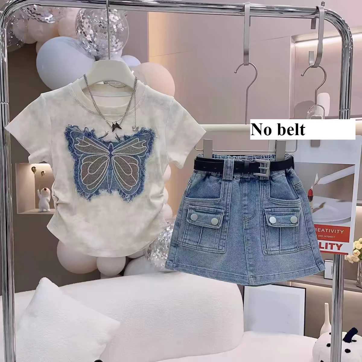 Girls clothing set for summer personalized patchwork fabric embroidered short sleeved top+childrens casual denim bodysuitT250327