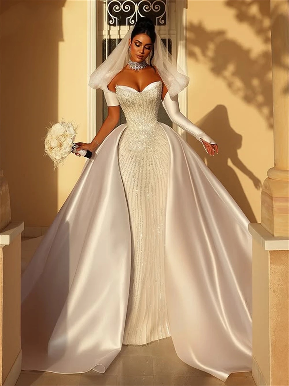 Luxurious Mermaid Wedding Dress Sweetheart Neck Off Shoulder Bridal Gowns Sequins Pearls Lace Detachable Train Dresses Custom Made vestidos de novia